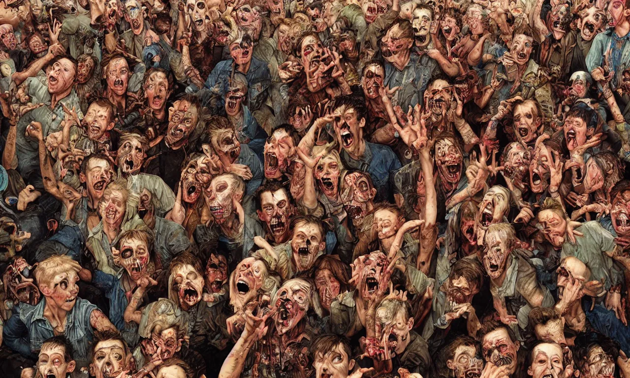 Prompt: a detailed digital art portait of undead backwoods rednecks in a mosh pit, art by norman rockwell, pixar style