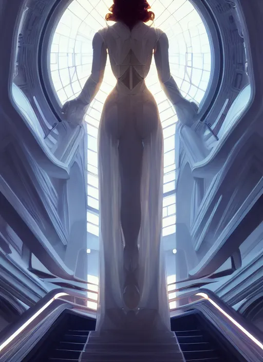 Image similar to symmetry!! portrait bride, going down the stairs, futurism, sci - fi, glowing lights!! intricate, elegant, highly detailed, digital painting, artstation, concept art, smooth, sharp focus, illustration, art by artgerm and greg rutkowski and alphonse mucha, 8 k