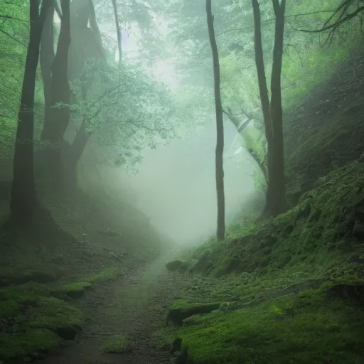 Image similar to a photograph of the ravine in which ancient voices dwell. magical. ancient. mist. ghostly. magic particles. cinematic.