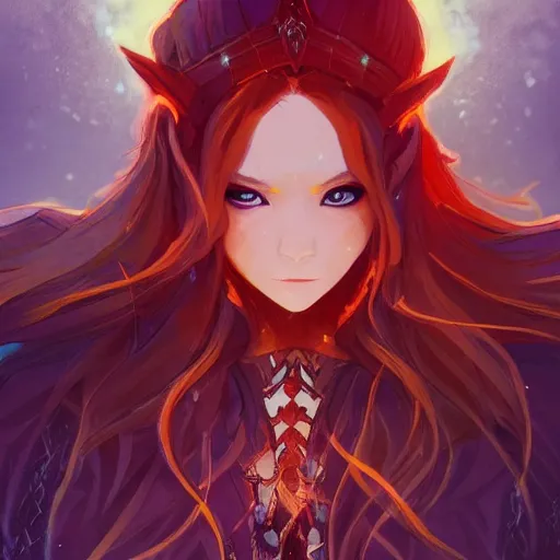 Image similar to a female elven cleric with red long hair, very good beautiful heavy scale armor, wearing a cape, casting a fire spell, dungeon background, magical, bright, colorful, fantastic lighting, amazing details, 4 k uhd, illustration by stephanie brown and makoto shinkai and ilya kuvshinov, artstation, pixiv, concept art,