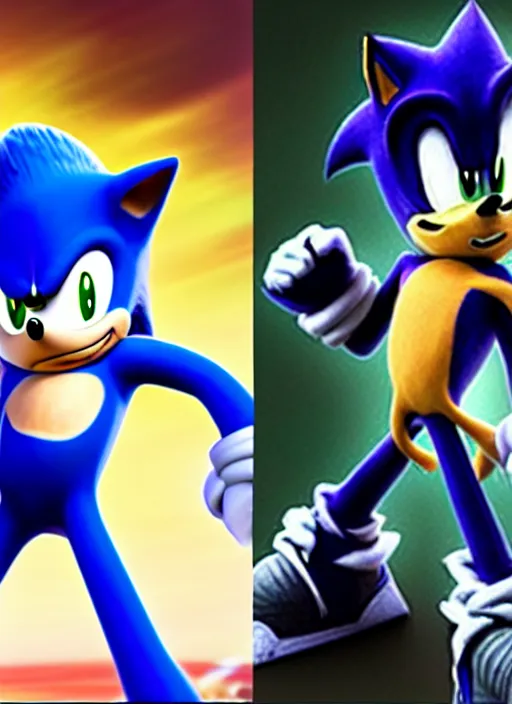 Image similar to sonic the hedgehog and jotaro kujo from jojo's bizarre adventure hanging out, photorealistic