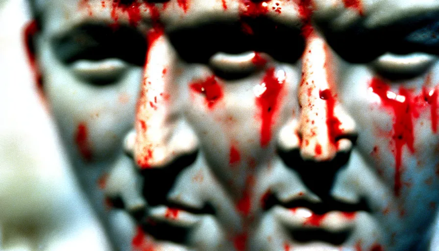 Image similar to 1 9 6 0 s movie still close - up of marcus atilius regulus'face with blood in the eyes down the eyes, cinestill 8 0 0 t 3 5 mm, high quality, heavy grain, high detail, texture, dramatic light