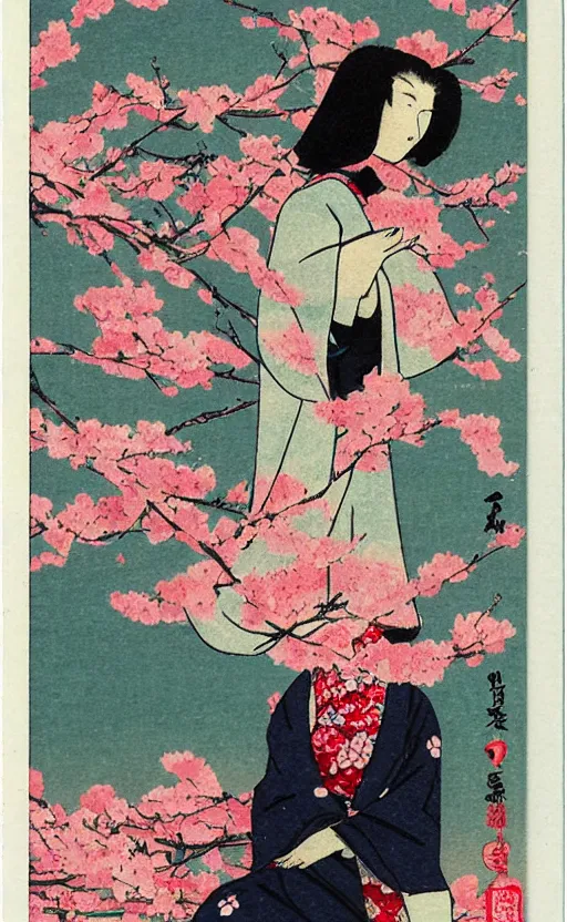 Prompt: by akio watanabe, manga art, blossoming sakura petals and white sky, trading card front, kimono, sun in the background