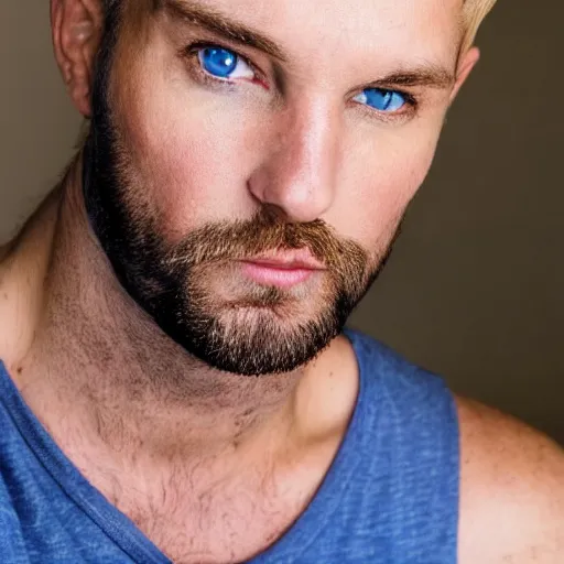 Image similar to close up of face of good looking 4 0 year old blond man with blond stubble, very short wavy blond hair in a short pompadour style, very pale skin, blue eyes, hairy shoulders, hairy chest, color portrait, 4 k