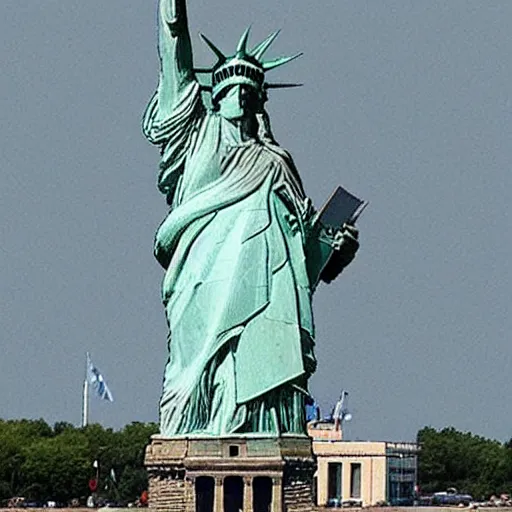 Prompt: a photo of the statue of liberty made completely out of recycled materials