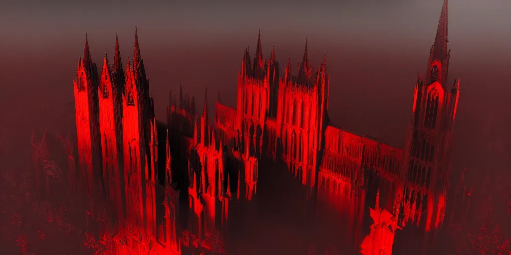 Image similar to dark gothic cathedral, gothic architecture, at the top of a red rock canyon, artstation concept art, beautiful matte painting, aerial view, red and orange and black color palette, chiaroscuro lighting