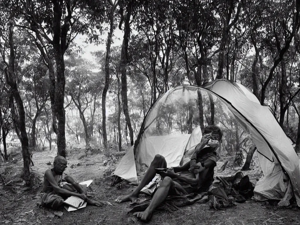 Prompt: man with eye glasses reading in a tent in the forest. plane in the sky far away. artwork by sebastiao salgado