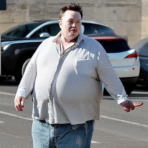 Image similar to morbidly obese elon musk with torn clothes
