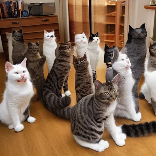 Prompt: a apartment full of cats singing hyperrealism