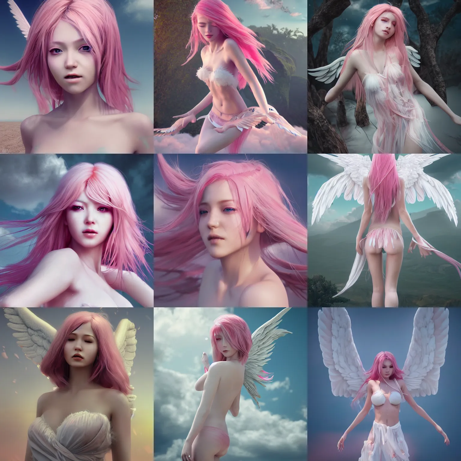 Prompt: stunning female angel in cloudy sky, pink hair, white wings, white sarong, white eyes, detailed feminine anatomy, by wlop, cg society contest winner, cinematic paint, unreal engine