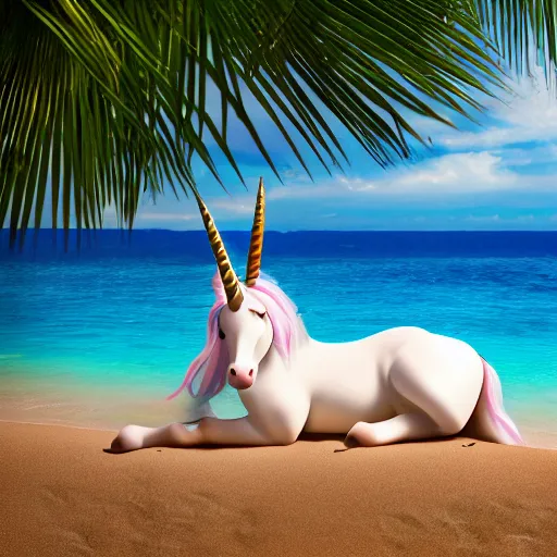 Prompt: a photograph of a unicorn unicorn on a sun bed at the beach, professional photograph, highly detailed, 4k, hd