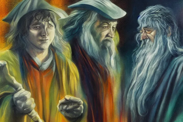 Prompt: gandalf and hobbit frodo painted in the style of francis bacon, expressionist, 4 k, realistic