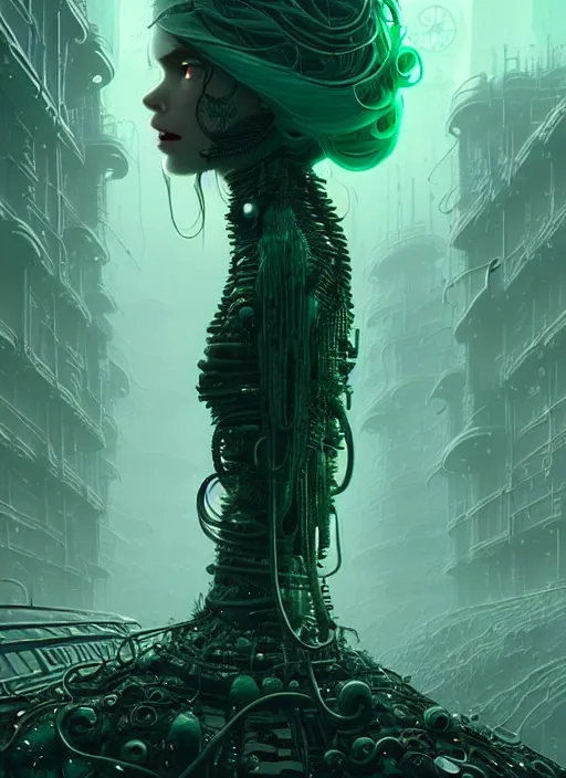 Image similar to highly detailed portrait of a frostpunk long curly white hair tribal lady, stray wiring by atey ghailan, james gilleard, by joe fenton, by greg rutkowski, by greg tocchini, by kaethe butcher, 4 k resolution, gradient green, black and white color scheme!!! ( ( green slime robotic dystopian city background ) )