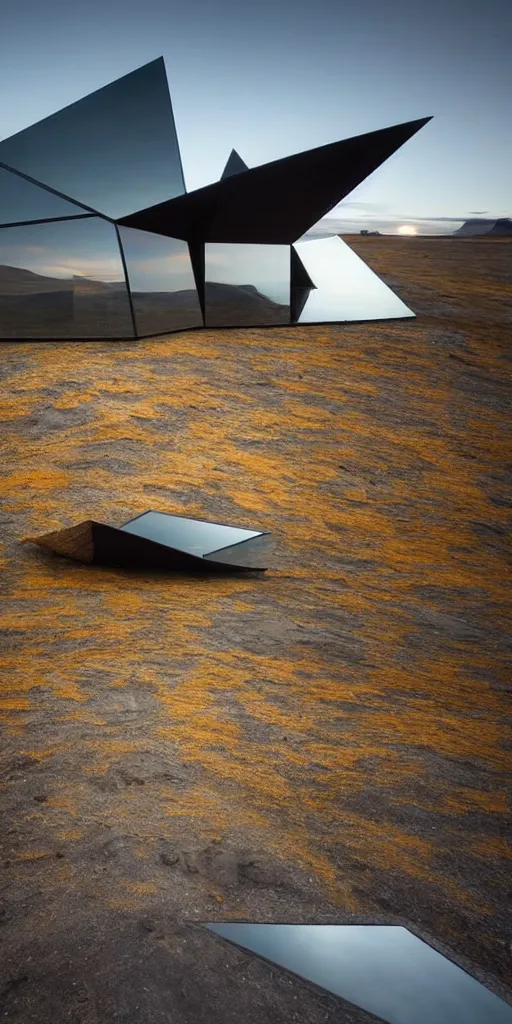 Image similar to futuristic angular architect house made from deconstucted charcoal wood and mirrors, refracted, floating, portal, iceland landscape photography sunset, by lurie belegurschi and gunnar freyr