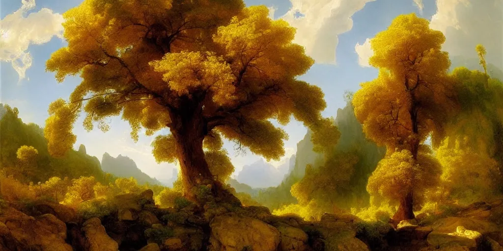 Image similar to lone oak tree growing in grand cayon, thomas moran, oil painting, beautiful composition, masterpiece