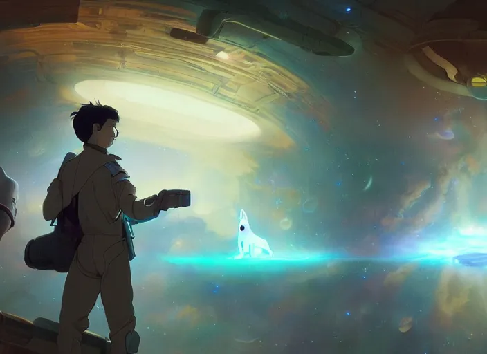 Image similar to a space handsome gay boys and their pet ghost digital cats staring role in a musical sci - fi space opera ghibli animated film, volumetric lighting, octane render by stanley artgerm lau, greg rutkowski, thomas kindkade, alphonse mucha, loish, norman rockwel, 8 k greg rutkowski