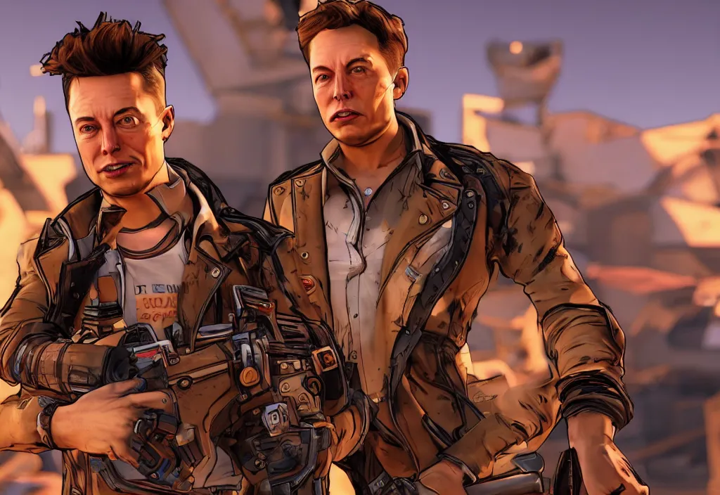 Image similar to elon musk in borderlands elon musk in the video game borderlands, gameplay screenshot, close up, 3 d rendering. unreal engine. amazing likeness. very detailed.