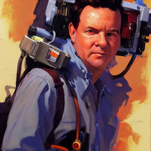 Image similar to greg manchess portrait painting of ghostbuster peter venkman overwatch character, medium shot, asymmetrical, profile picture, organic painting, sunny day, matte painting, bold shapes, hard edges, street art, trending on artstation, by huang guangjian and gil elvgren and sachin teng