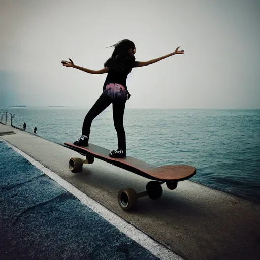 Prompt: aestethic, vibes, synthwave, cyperpunk girl riding a flying skateboard along the coastline