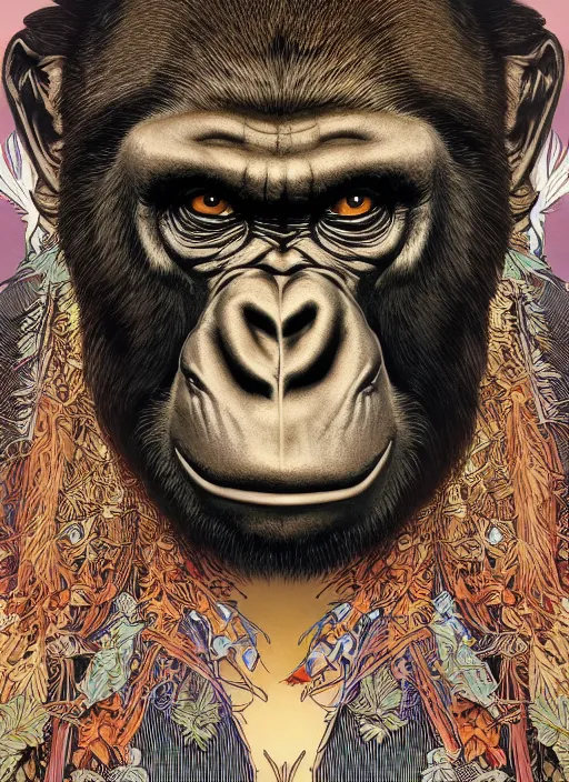 Prompt: portrait of a bored gorilla, wearing a costume made out marijuana designs, behance hd artstation, by moebius, alphonse mucha, ayami kojima, amano, greg hildebrandt, and mark brooks, masculine, male, art nouveau, neo - gothic, character concept design, dynamic light, stylised illustration, disco elysium