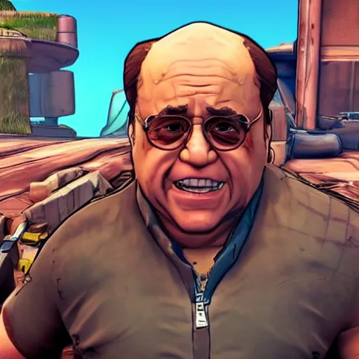 Prompt: a screenshot of danny devito in the video game borderlands 3. 3 d rendering, unreal engine. amazing likeness. very detailed. cartoon caricature