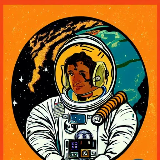 Image similar to astronaut portrait in the style of James Roper and Alphonse Mucha pop art