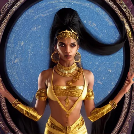 Image similar to aesthetic!!!!!! Female genie in Arabic clothing, black skin, long black hair, gold tint, frontal pose, cinematic lighting, silk, fabric, full-length view, film still by Dennis Villeneuve, 8K, symmetrical balance, in-frame