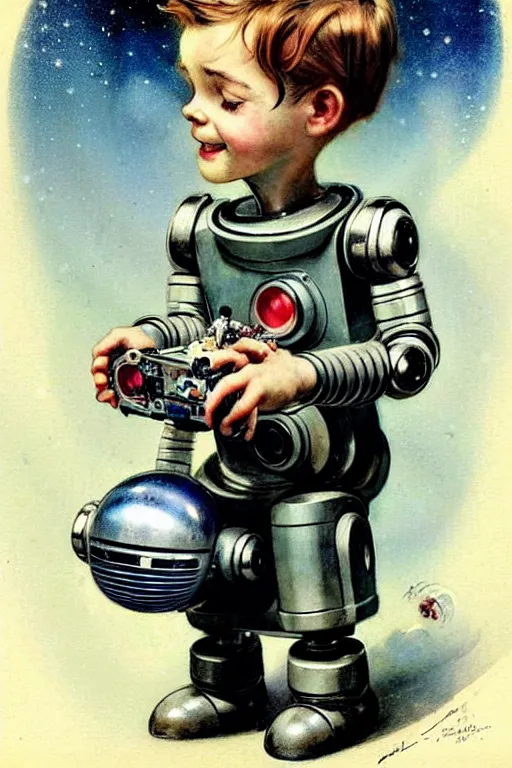 Prompt: ( ( ( ( ( 1 9 5 0 s a boy playing with his robot lost in space robot b 9. muted colors. ) ) ) ) ) by jean - baptiste monge!!!!!!!!!!!!!!!!!!!!!!!!!!!