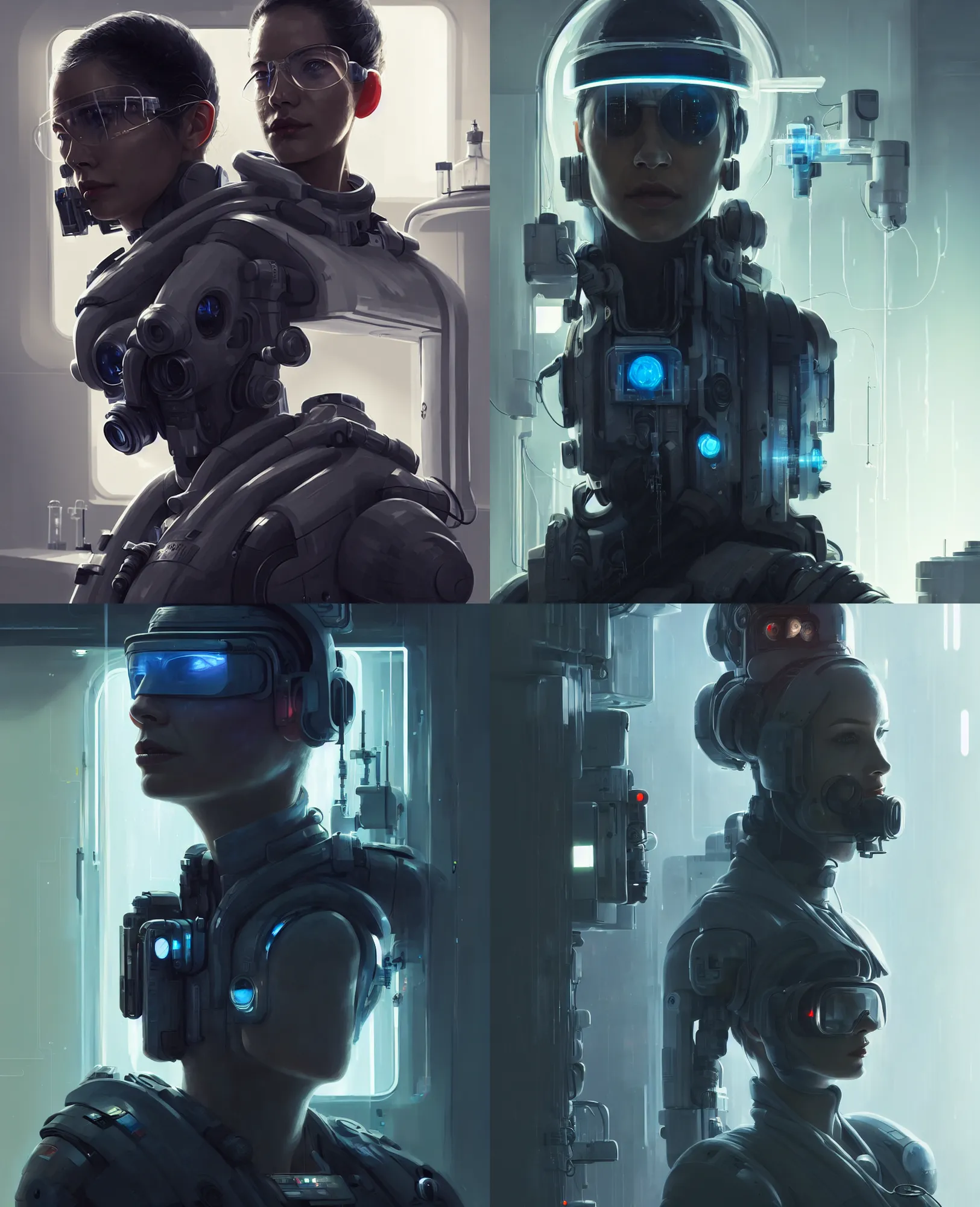 Prompt: a portrait of a scifi operator in the laboratory,!! one person!!, clear face, cyberpunk suit, character portrait, greg rutkowski, cedric peyravernay, denys tsiperko, artstation, 8 k