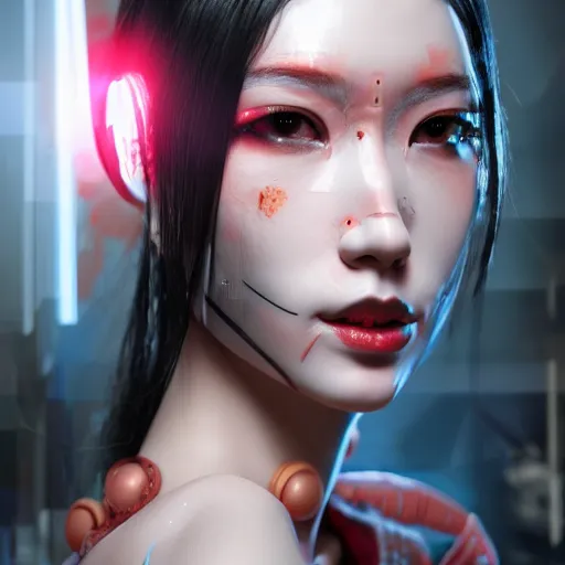 Image similar to cyberpunk geisha, full cyborg body, goddess body cinematic lighting, beautiful face, ultra detail, ultra realistic, photo realistic, octane render,