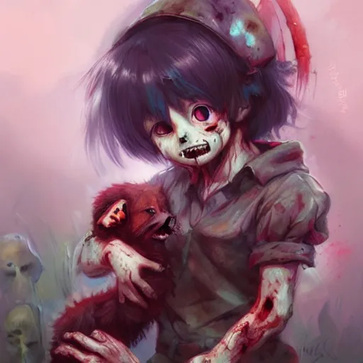 Prompt: A cute zombie playing with a puppy by Marc Simonetti, beautiful anime portrait, official artwork, stylistic, Touhou character, brush strokes, oil, canvas