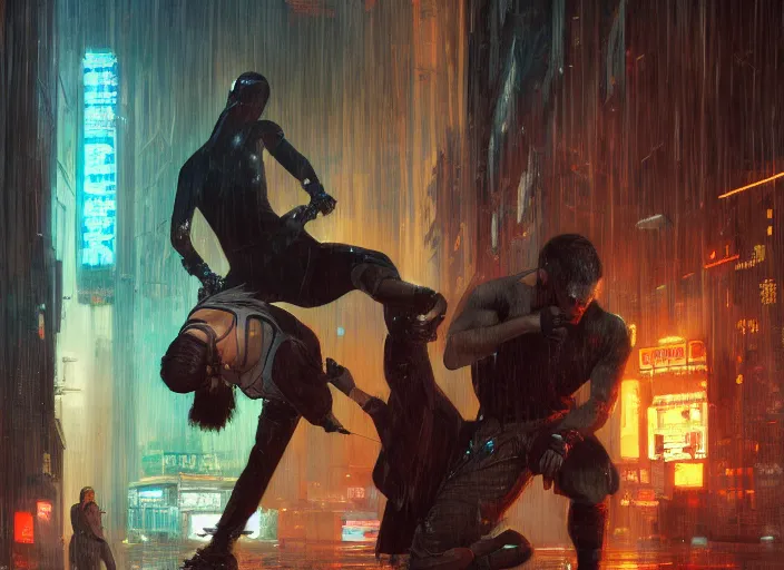 Image similar to cyberpunk jujitsu match ( blade runner 2 0 4 9, dystopian, cyberpunk 2 0 7 7 character design ). orientalist portrait by john william waterhouse and james gurney and theodore ralli and nasreddine dinet, oil on canvas. cinematic, hyper realism, realistic proportions, dramatic lighting, high detail 4 k