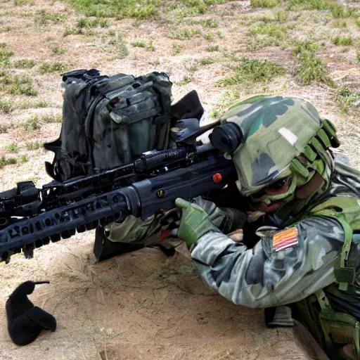 Image similar to a rare frog equipped with m 2 4 9 machine gun and night vision target acquisition system, photo from jane defence weekly