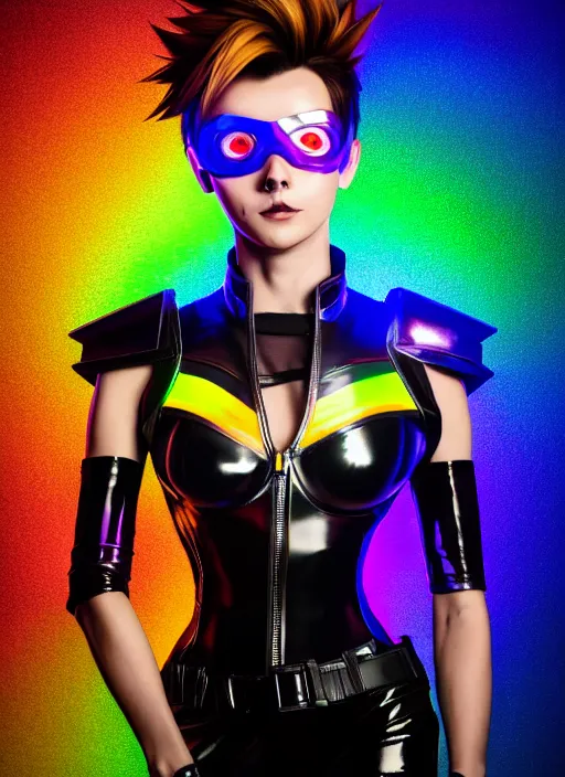 Image similar to hyperrealistic style portrait of tracer overwatch, confident pose, wearing black iridescent rainbow latex, rainbow, neon, 4 k, expressive happy smug expression, makeup, in style of mark arian, wearing detailed black leather collar, wearing sleek armor, black leather harness, expressive detailed face and eyes,