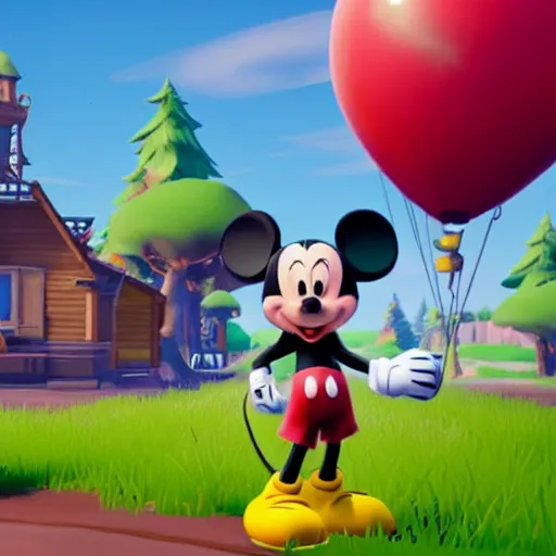 Prompt: in - game screenshot of mickey mouse in the video game fortnite