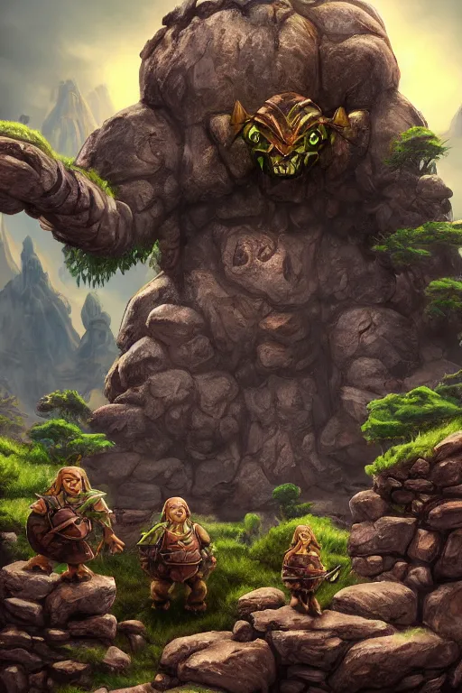 Image similar to zelda fantasy art giant golem troll wood rock greeble gemstone, global illumination ray tracing hdr fanart arstation by sung choi and eric pfeiffer and gabriel garza and casper konefal