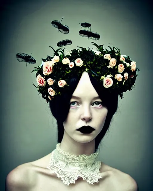 Prompt: dreamy surreal poetic photo of a beautiful young porcelain female-cyborg-vegetal with a very long neck and a super big gothic lace collar filled with dead flies and a very high big floral crown with many black dry roses by Vivienne Westwood:: smoke, high fashion, haute couture, rococo, avant-garde, elegant, dreamy, hyper realistic, 150 mm lens, soft rim light, octane render, unreal engine, picture was taken in 1910 by Dora Maar, volumetric lighting, dramatic light,8k,