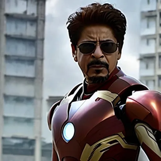 Prompt: film still of shah rukh khan as tony stark in iron man