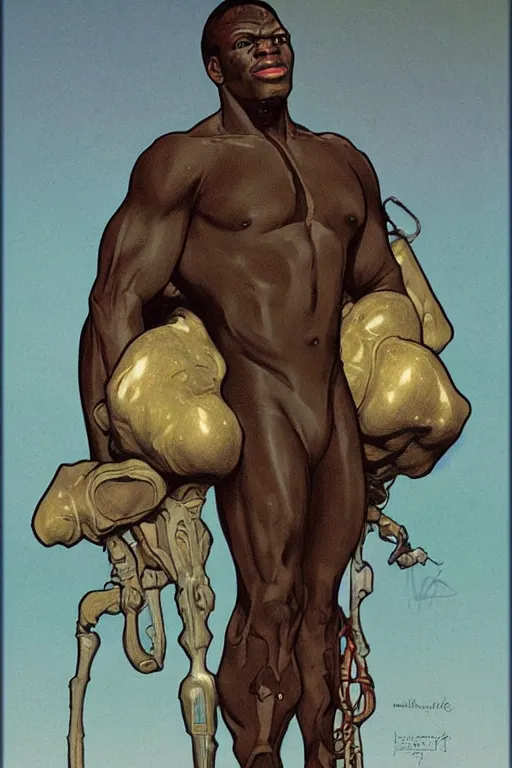 Image similar to portrait of giant african man with a muscular neck wearing a scifi dune stillsuit, nebula in the background, illustration by normal rockwell and alphonse mucha, artstation character concept art