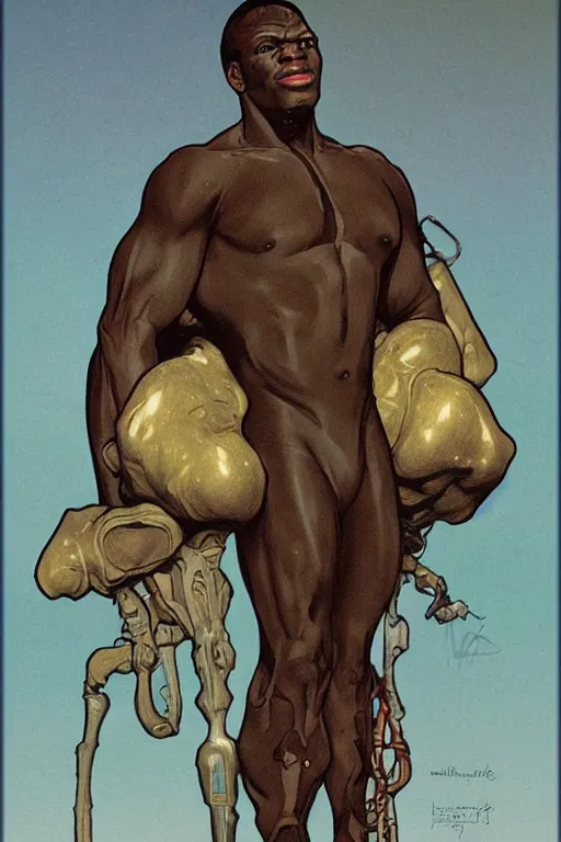 Prompt: portrait of giant african man with a muscular neck wearing a scifi dune stillsuit, nebula in the background, illustration by normal rockwell and alphonse mucha, artstation character concept art