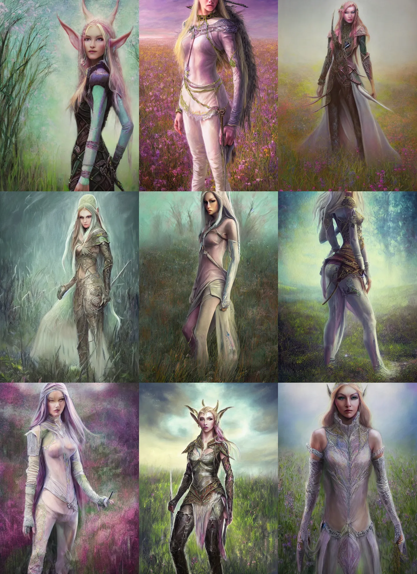 Prompt: a soft focus pastel canvas painting of beautiful full body concept art, beautiful face, elven female rogue wearing full intricate clothing standing in a field, dystopian, HDR, micro detail