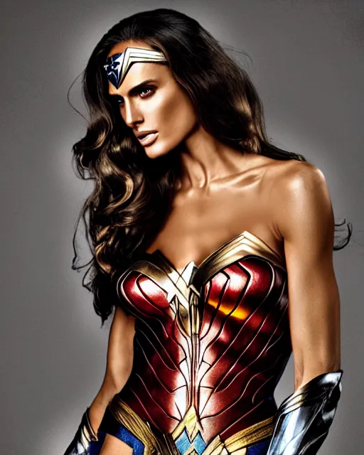Image similar to photoshoot of model izabel goulart as wonder woman, hyperreal, studio lighting, photography in the style of annie leibovitz, soft focus, bokeh, 1 5 0 mm