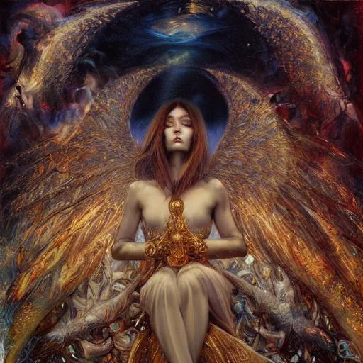 Image similar to thousands of angels on their knees worshiping a light, shining lights, god rays by by Karol Bak, Ayami Kojima, Amano and Olivier Ledroit