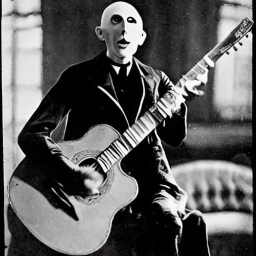 Prompt: count orlok playing acoustic guitar and passionately singing the blues, 1 9 2 0 s, alabama