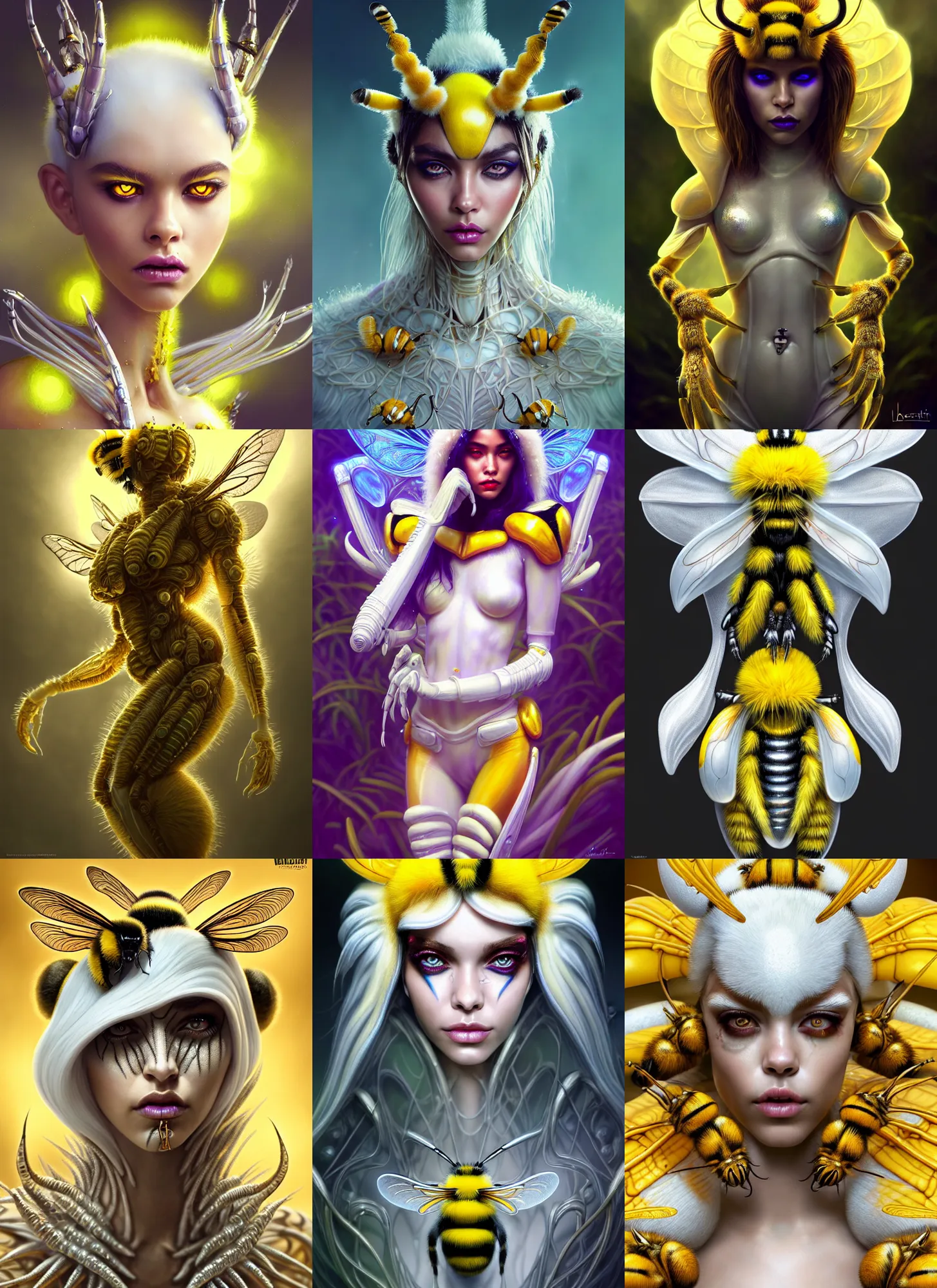 Prompt: bright white bumblebee clowncore : : disney weta portrait, soft polished jungle queen devil madison beer cyborg, bling, hi - fructose, sci - fi fantasy intricate decadent highly - detailed digital painting, golden ratio, octane render, artstation, concept art, smooth, sharp focus, illustration, artgerm, mucha, loish, wlop