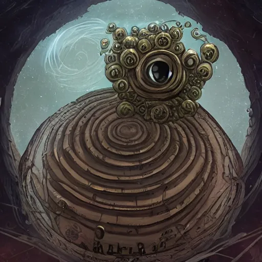 Prompt: a spherical eldritch horror with multiple eyestalks and a large central eye floating in the air above a fantasy medieval city in the style of a beholder from dungeons and dragons