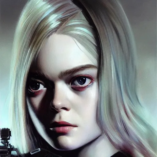 Image similar to ultra realistic portrait painting of elle fanning as a cyberpunk cop, art by frank frazetta, 4 k, ultra realistic, highly detailed, epic lighting