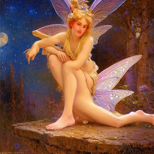 Image similar to attractive fairy magically floating high in the night, fantasy, full moon in background. highly detailed painting by gaston bussiere, craig mullins, j. c. leyendecker, mid shot, 8 k