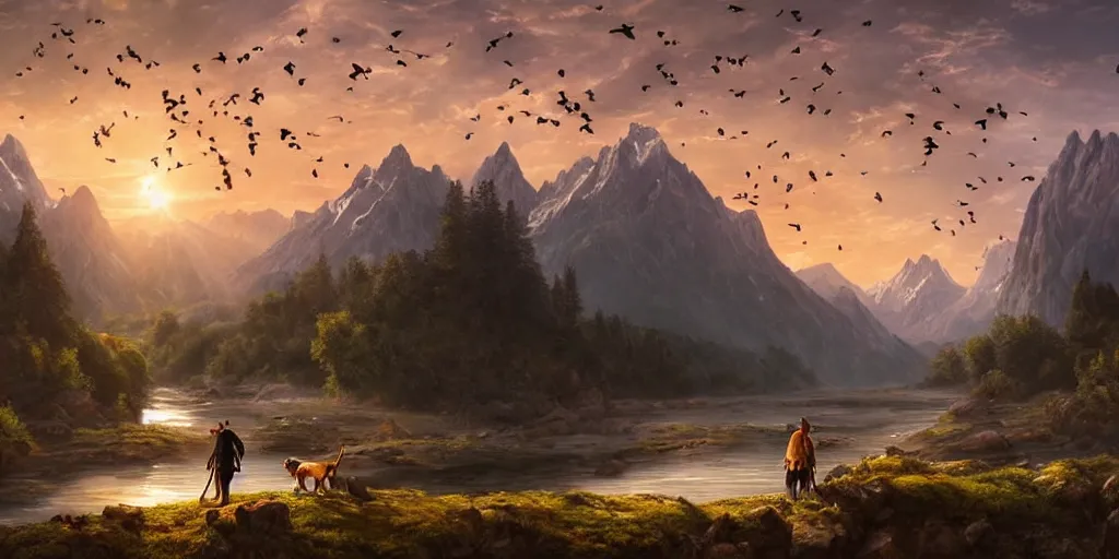 Image similar to A majestic landscape featuring a river, mountains and a forest. A group of birds is flying in the sky. There is an old man with a dog standing next to him. The man is wearing a backpack. They are both staring at the sunset. Cinematic, very beautiful, painting in the style of Lord of the rings