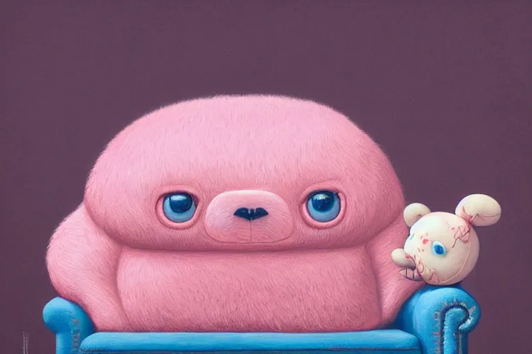 Prompt: a highly detailed pink chubby stuffed animal with dark blue shirt, on a couch, full body, wide angle, an ultrafine detailed painting by joe fenton, trending on deviantart, pop surrealism, whimsical, lowbrow, perfect symmetrical face, sharp focus, octane, masterpiece